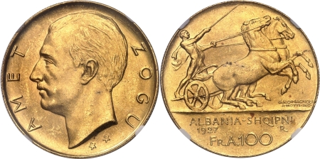 Albanie. Ahmed Zogu (1925-1939). 100 francs or 2 étoiles - 1927 R Rome.