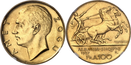 Albanie. Ahmed Zogu (1925-1939). 100 francs or sans étoile - 1927 R Rome.