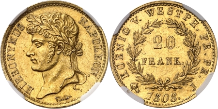 Allemagne - Westphalie Jérôme Napoléon (1807-1813) 20 francs or - 1808 J Paris.