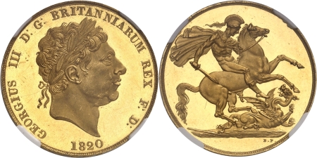 Angleterre. Georges III (1760-1820). Epreuve en or sur flan bruni du 2 souverains - 1820.