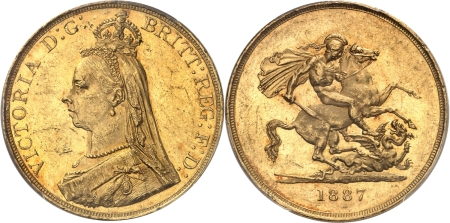 Angleterre. Victoria (1837-1901). 5 souverains or - 1887.