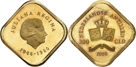 Antilles Néerlandaises. Etat Fédéral Autonome (1954 - 2010). Epreuve sur flan bruni du 300 florins or - 1980.