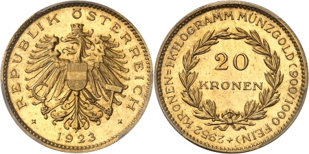 Autriche. Première République (1918-1938). 20 couronnes or - 1923.