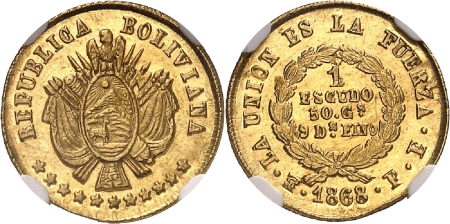 Bolivie. République (1825 à nos jours) Escudo or - 1868 PTS FE Potosi.
