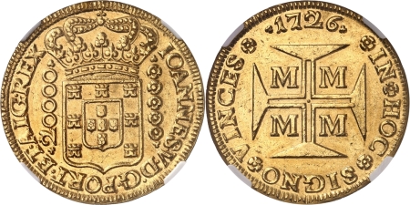 Brésil. Jean V (1706-1750). 20.000 reis or - 1726 M Minas Gerais.