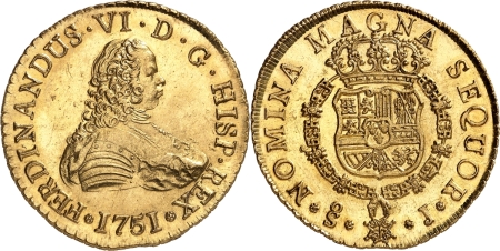Chili. Ferdinand VI (1746-1759). 8 escudos or - 1751 J Santiago.