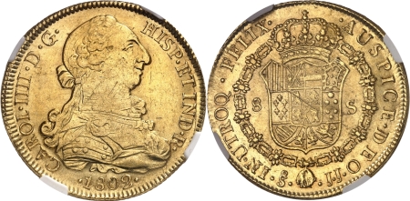 Chili. Charles IV (1788-1808). 8 escudos or - 1802 SO JJ (Santiago).