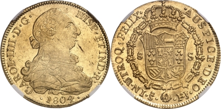 Chili. Charles IV (1788-1808). 8 escudos or - 1804 SO FJ (Santiago).