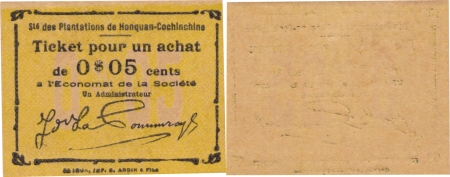 Cochinchine. Colonie française (1867-1887). 5 cents de la Société des Plantations de Honquan - Non daté.