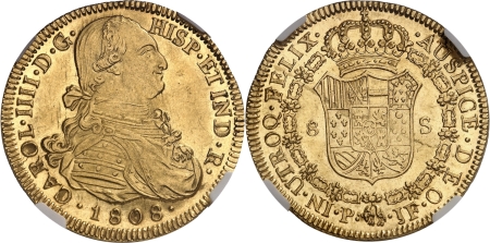 Colombie. Charles IV (1788-1808). 8 escudos or - 1808 P JF Popayán.