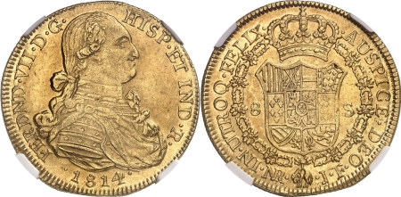 Colombie. Ferdinand VII (1808-1819). 8 escudos or - 1814 NR JF Santa Fe.
