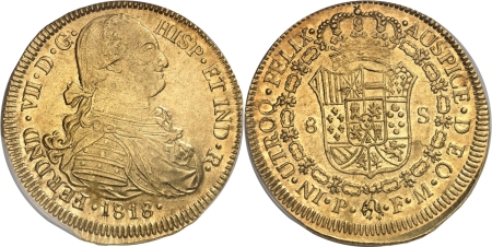Colombie. Ferdinand VII (1808-1819). 8 escudos or - 1818 P FM Popayán.