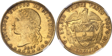 Colombie. Etats-Unis (1863-1886). 20 pesos or - 1869 Medellin.