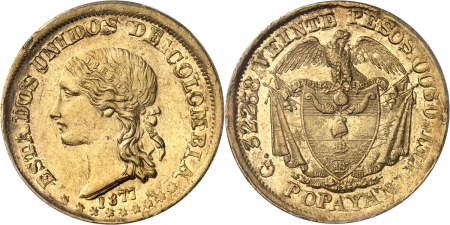 Colombie. Etats-Unis (1863-1886). 20 pesos or - 1877 Popayán.