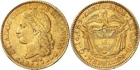 Colombie. Etats-Unis (1863-1886). 10 pesos or - 1874 Medellin.
