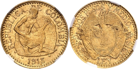 Colombie. République (1886 à nos jours). 2.5 pesos or - 1913.