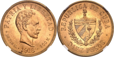 Cuba. Première République (1902-1962). 10 pesos or - 1916.