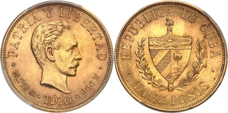 Cuba. Première République (1902-1962). 10 pesos or - 1916.