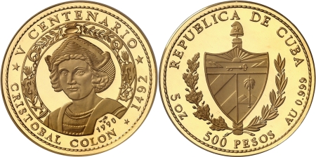 Cuba. République de (1962 à nos jours). Epreuve sur flan bruni du 500 pesos or (Christophe Colomb) - 1990.