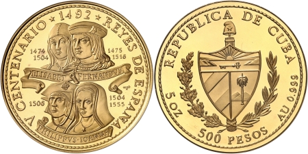 Cuba. République de (1962 à nos jours). Epreuve sur flan bruni du 500 pesos or (Roi d’Espagne) - Non daté (1992).