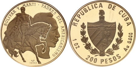 Cuba. République de (1962 à nos jours). Piéfort sur flan bruni du 200 pesos or - 1993.