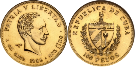 Cuba. République de (1962 à nos jours) Piéfort de la 100 pesos or - 1988.