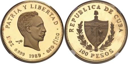 Cuba. République de (1962 à nos jours). Piéfort sur flan bruni du 100 pesos or - 1989.