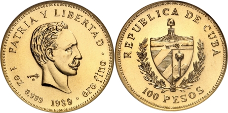 Cuba. République de (1962 à nos jours) Piéfort du 100 pesos or - 1989.