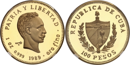 Cuba. République de (1962 à nos jours). Epreuve sur flan bruni du 100 pesos or - 1989.