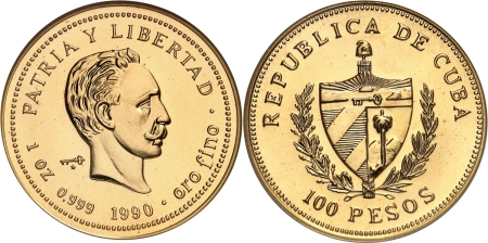 Cuba. République de (1962 à nos jours) Piéfort du 100 pesos or - 1990.