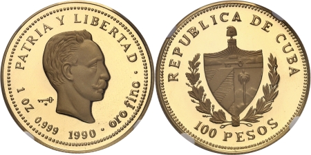 Cuba. République de (1962 à nos jours). Epreuve sur flan bruni du 100 pesos or - 1990.