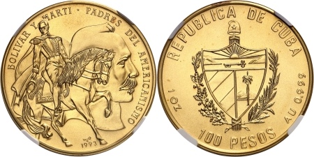 Cuba. République de (1962 à nos jours). 100 pesos or (S.Bolivar et J. Marti) - 1993.