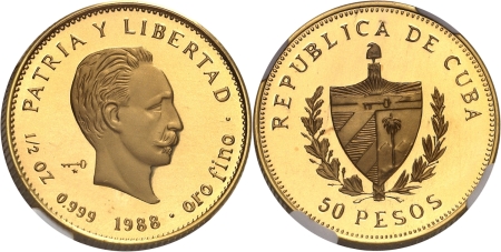 Cuba. République de (1962 à nos jours). Piéfort sur flan bruni du 50 pesos or - 1988.