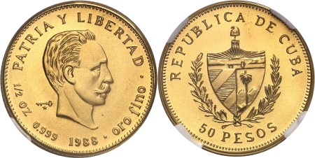 Cuba. République de (1962 à nos jours) 50 pesos or - 1988.