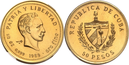Cuba. République de (1962 à nos jours) Piéfort du 50 pesos or - 1989.