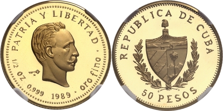 Cuba. République de (1962 à nos jours). Epreuve sur flan bruni du 50 pesos or - 1989.