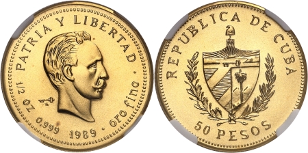 Cuba. République de (1962 à nos jours) 50 pesos or - 1989.