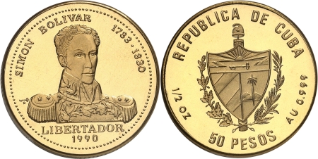 Cuba. République de (1962 à nos jours). Piéfort sur flan bruni du 50 pesos or (Simon Bolivar) - 1990.