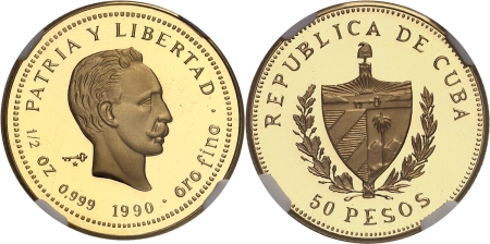 Cuba. République de (1962 à nos jours). Epreuve sur flan bruni du 50 pesos or - 1990.