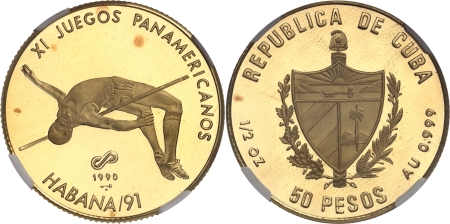 Cuba. République de (1962 à nos jours). Epreuve sur flan bruni du 50 pesos or « High Jump » - 1990.