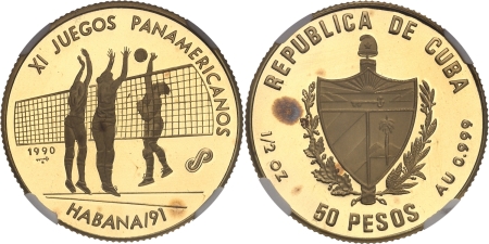 Cuba. République de (1962 à nos jours). Epreuve sur flan bruni du 50 pesos or « Volleyball» - 1990.