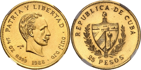 Cuba. République de (1962 à nos jours) Piéfort du 25 pesos or - 1988.