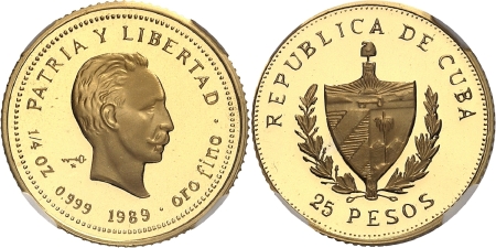 Cuba. République de (1962 à nos jours). Epreuve sur flan bruni du 25 pesos or - 1989.