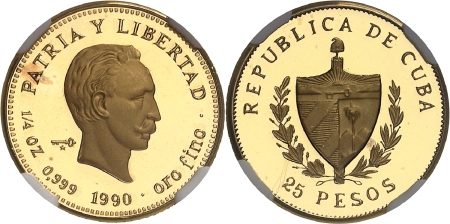 Cuba. République de (1962 à nos jours). Epreuve sur flan bruni du 25 pesos or - 1990.