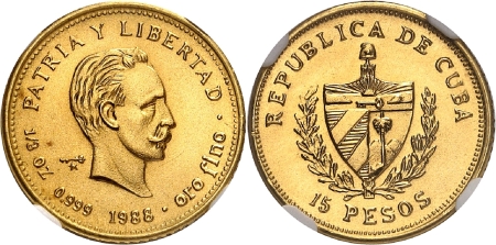 Cuba. République de (1962 à nos jours) Piéfort du 15 pesos or - 1988.