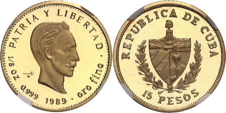 Cuba. République de (1962 à nos jours). Epreuve sur flan bruni du 15 pesos or - 1989.
