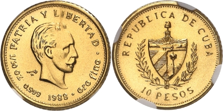 Cuba. République de (1962 à nos jours) Piéfort du 10 pesos or - 1988.
