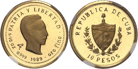Cuba. République de (1962 à nos jours). Epreuve sur flan bruni du 10 pesos or - 1989.