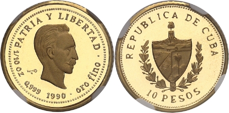 Cuba. République de (1962 à nos jours). Epreuve sur flan bruni du 10 pesos or - 1990.