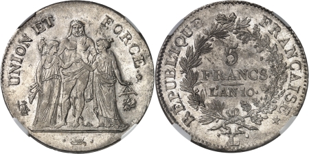 France. Consulat (1799-1804). 5 francs Union et Force - An 10 L Bayonne.